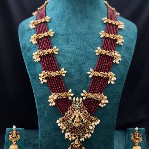 Lakshmi Temple Jewelry Set - Ruby Beads Haram with Jhumka Earrings