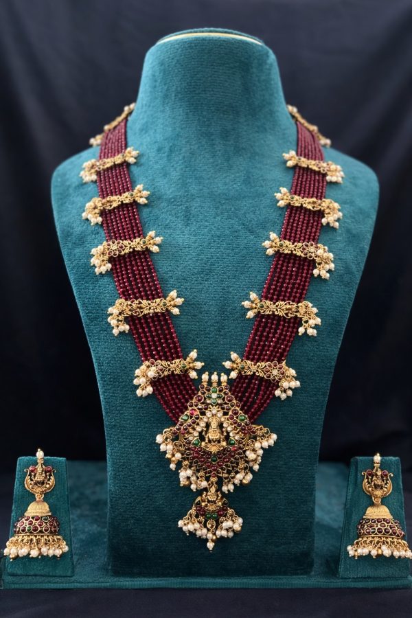 Lakshmi Temple Jewelry Set - Ruby Beads Haram with Jhumka Earrings