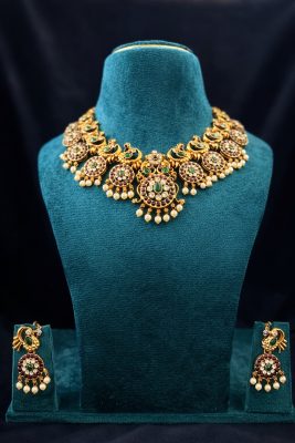 Traditional Peacock Motif Choker Set - Ruby Emerald Stone Work