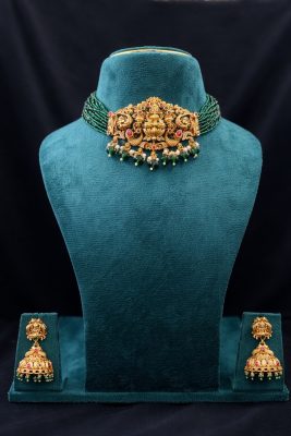 Traditional Green Bead Choker with Lakshmi Peacock Pendant Set
